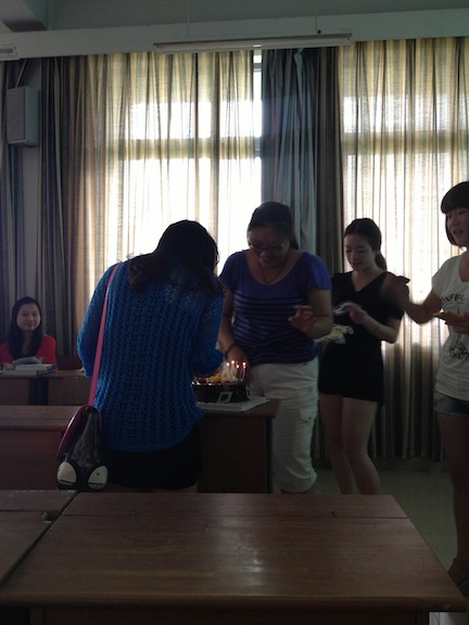 I turned out to be one of their classmates birthday, so the student teachers in charge worked a birthday surprise into the class. Students from another class helped carry out the surprise. It was fun and I got to eat cake!